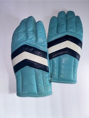 Aqua Leather Gloves with Navy Blue & White Chevron Detail